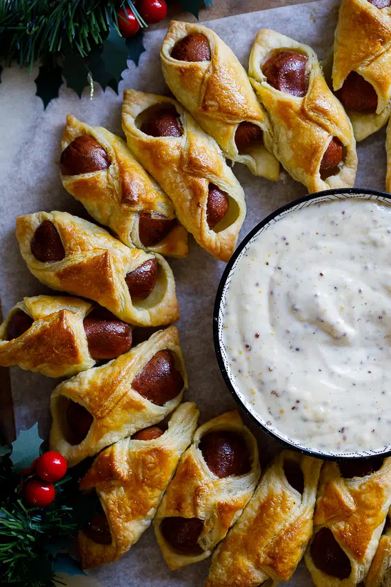 Pigs in a blanket wreath with maple-mustard dipping sauce