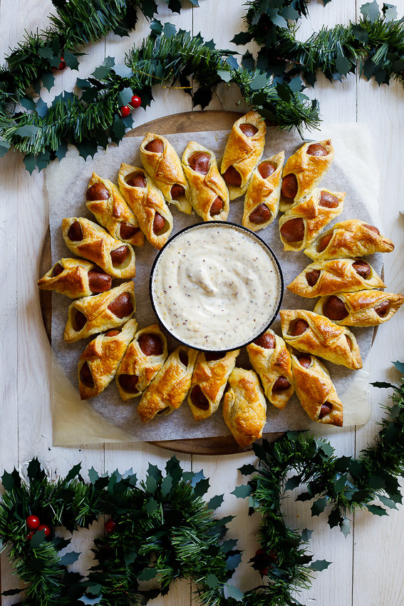 Pigs in a blanket wreath with maple-mustard dipping sauce