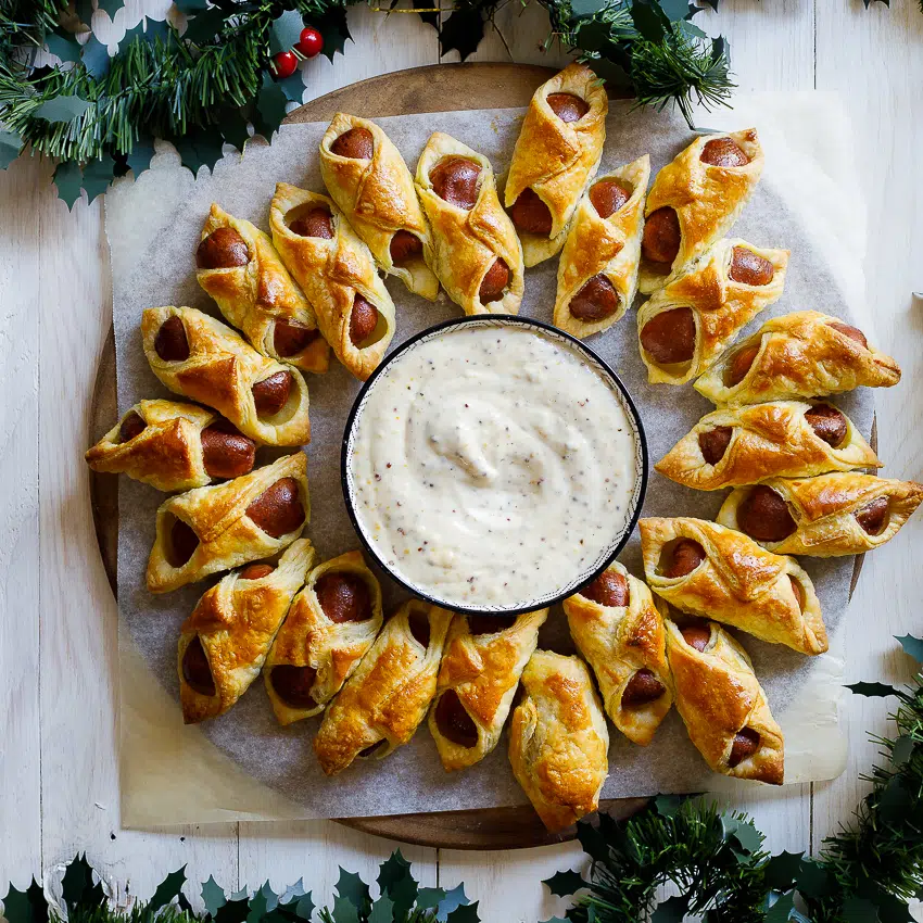 Pigs in a blanket wreath with maple-mustard dipping sauce