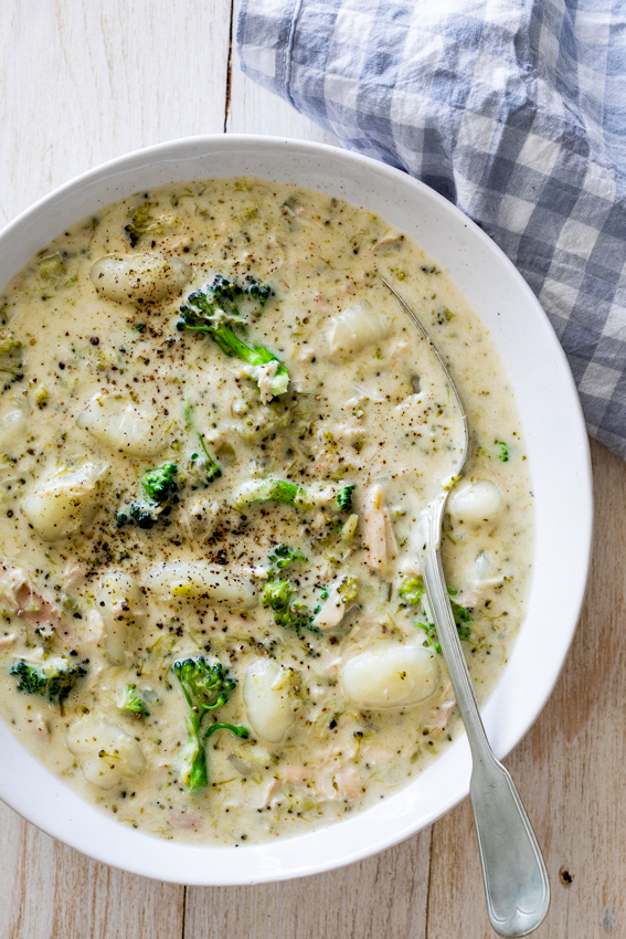 Creamy broccoli chicken gnocchi soup
