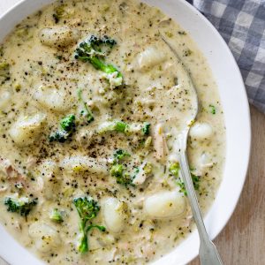 Creamy broccoli chicken gnocchi soup