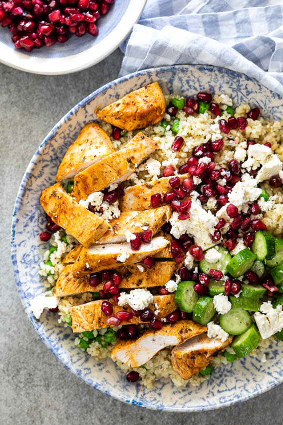 Chicken quinoa salad with peas and feta