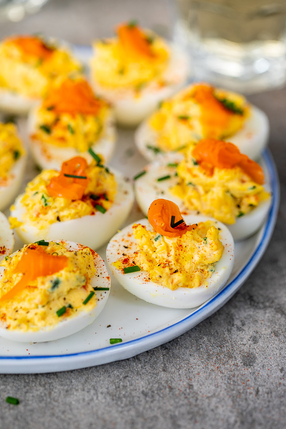 Smoked salmon chive devilled eggs
