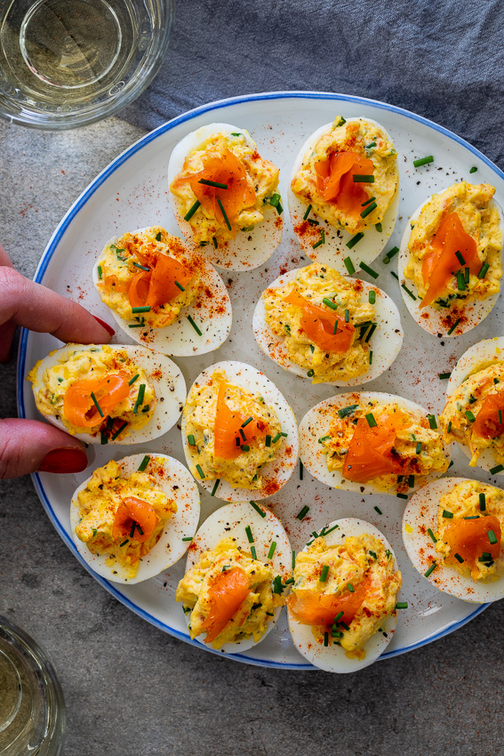 Smoked salmon chive devilled eggs
