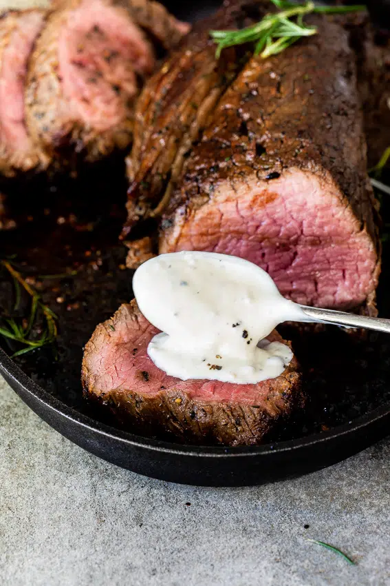 Rosemary-crusted beef fillet with horseradish cream