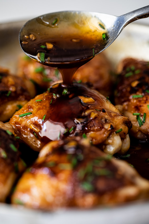 Honey garlic sauce on chicken thighs