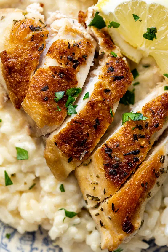 Lemon risotto with pan-roasted chicken