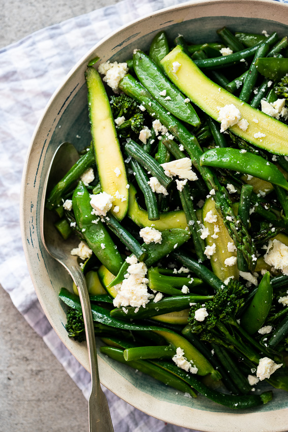 Easy steamed spring vegetables with feta cheese