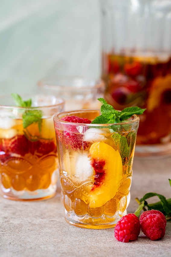 Fresh ice tea containing cup, ice, and tea