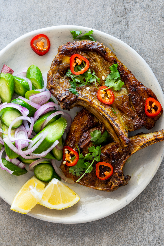 Indian-spiced lamb chops with cucumber salad