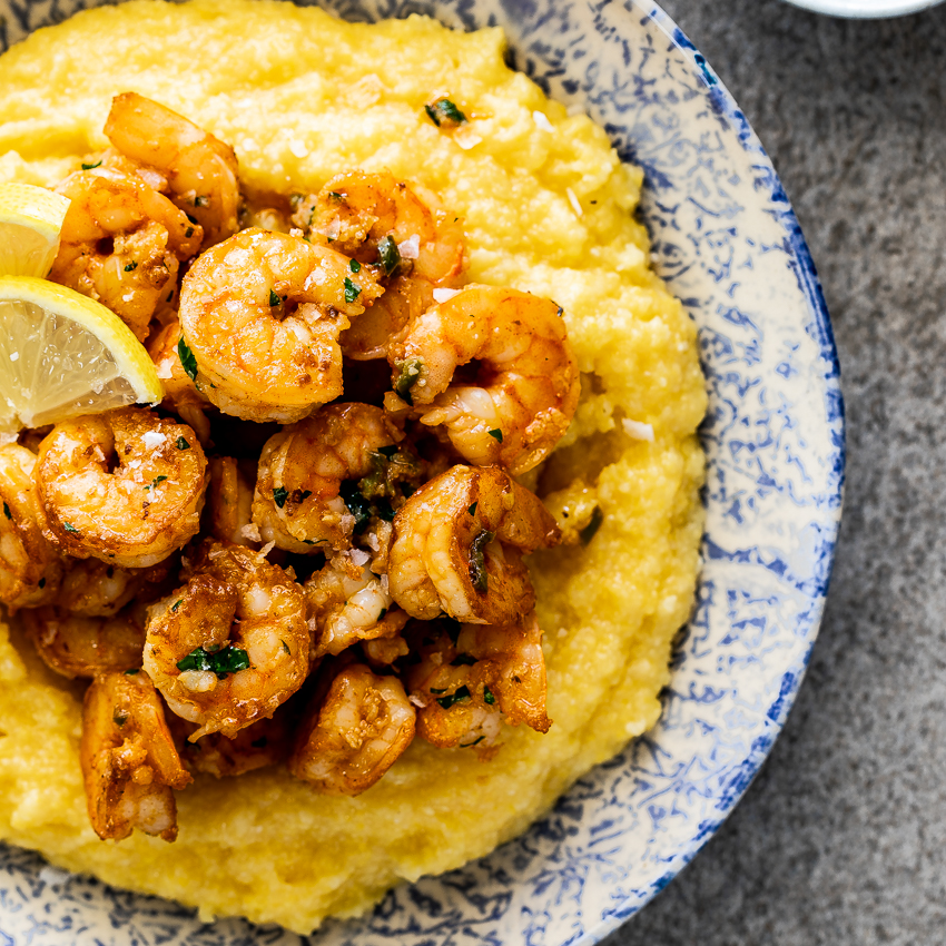 Jalapeño lemon butter shrimp on polenta