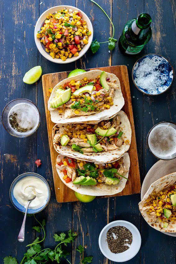 Shredded chicken tacos with corn salsa