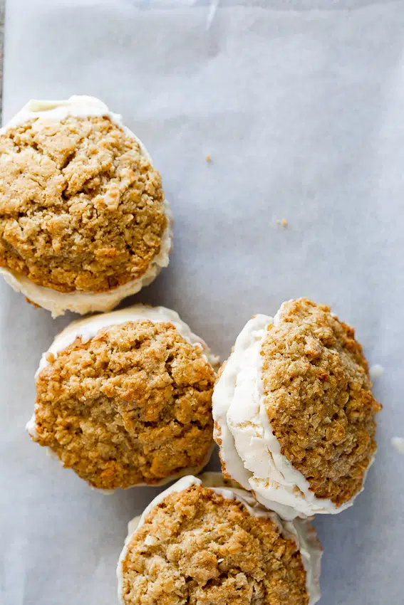 Coconut oatmeal cookie ice cream sandwiches