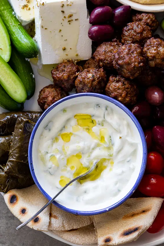 Greek tzatziki on a mezze platter