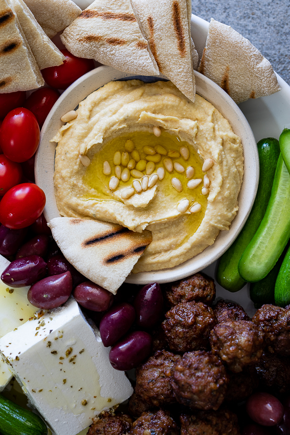 Hummus on Greek mezze platter