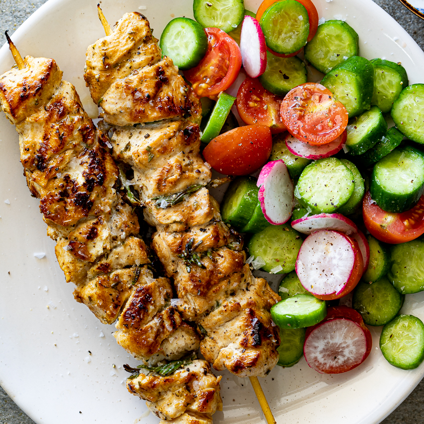 Skewered chicken marinated in lemon, parsley and garlic