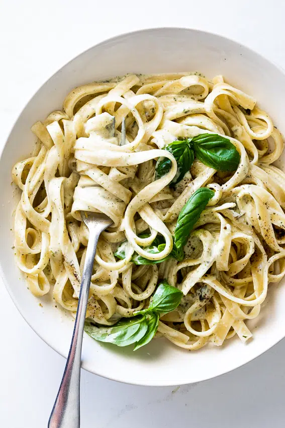 Pasta with basil cream sauce
