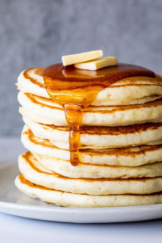 Buttermilk pancakes with maple syrup and butter