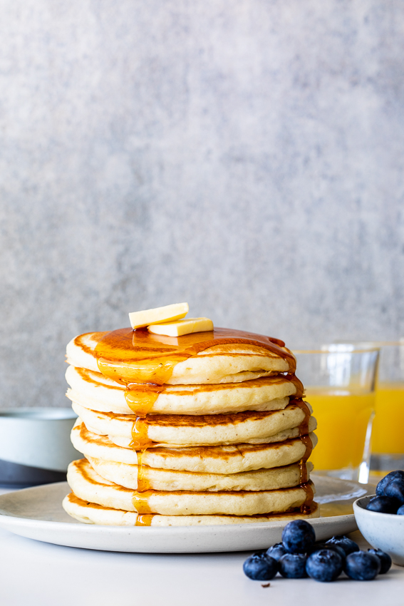 Buttermilk pancakes with maple syrup and butter