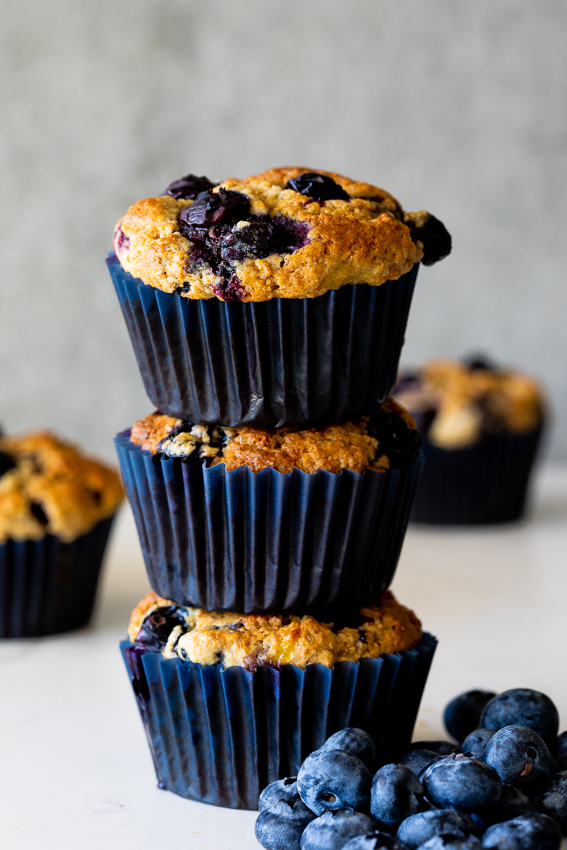 Easy healthy blueberry muffins on white surface