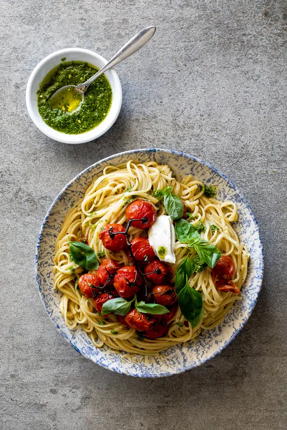 Roasted tomato pesto pasta with ricotta