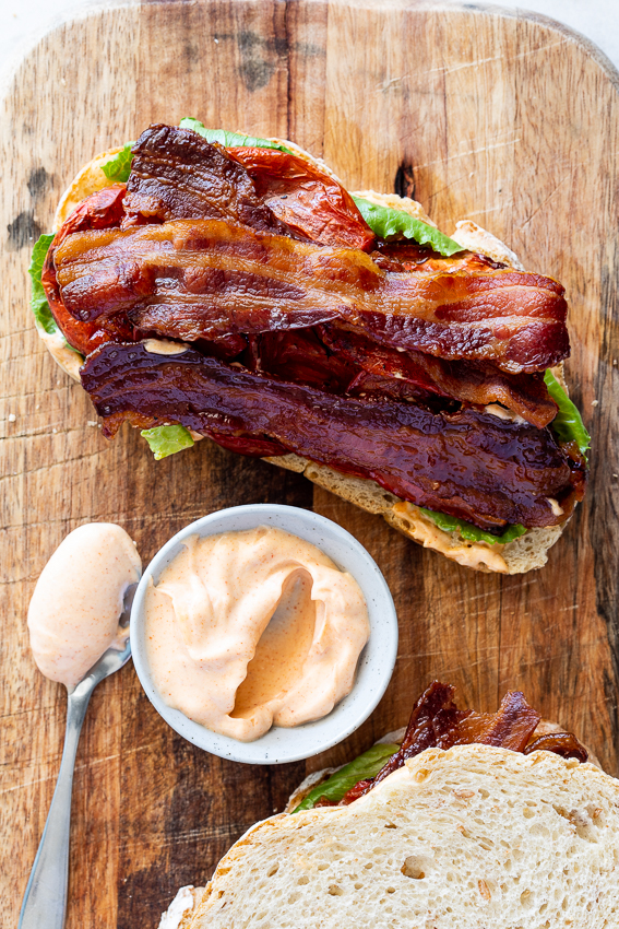 BLT sandwich with smoky garlic mayo