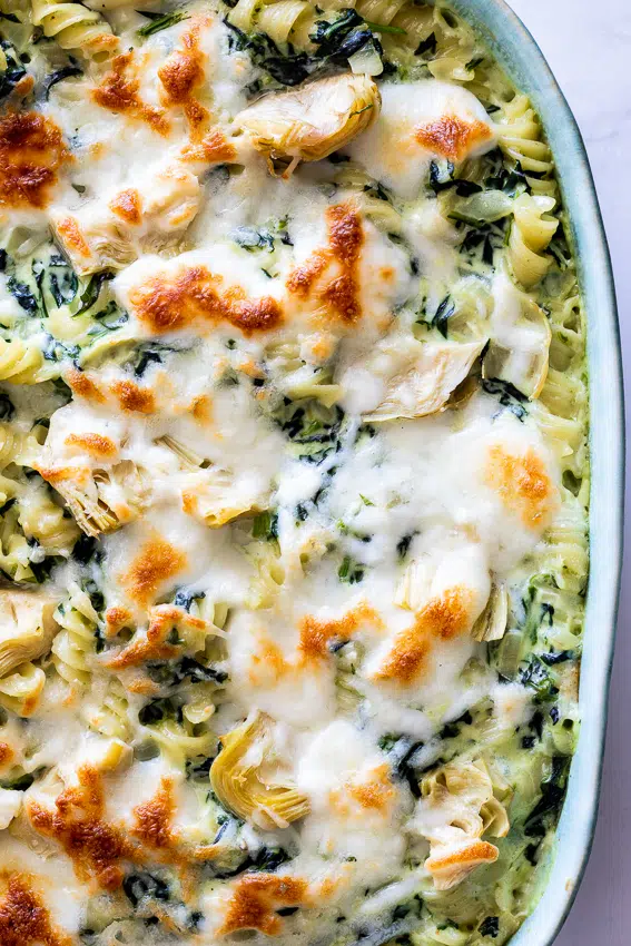 Creamy spinach artichoke pasta bake