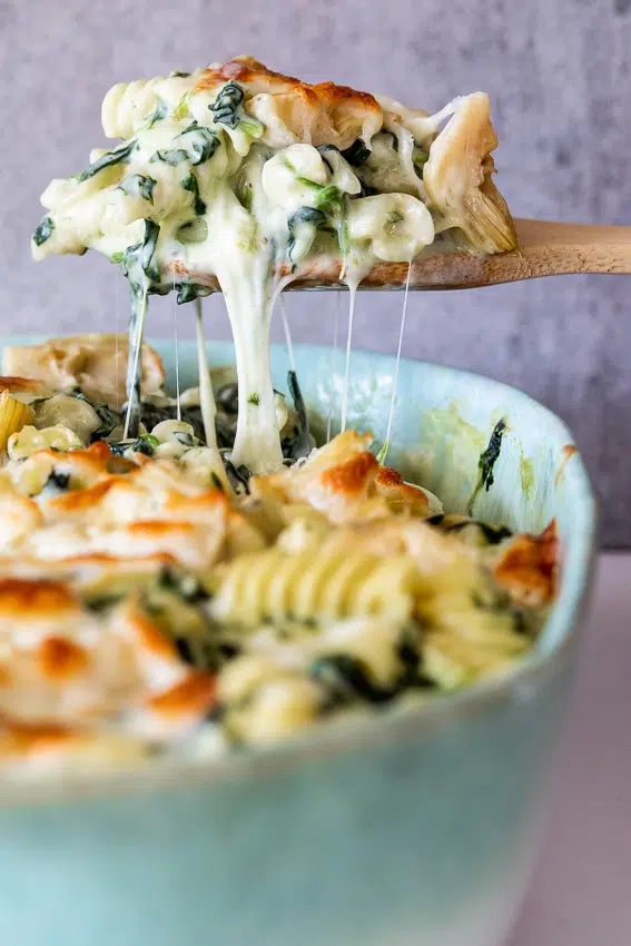 Creamy spinach artichoke pasta bake.