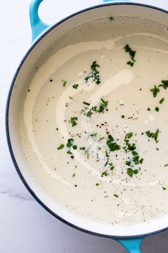 A pot of creamy potato leek soup