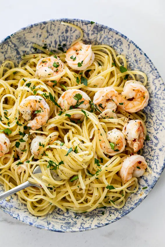 Pasta Aglio e Olio with shrimp