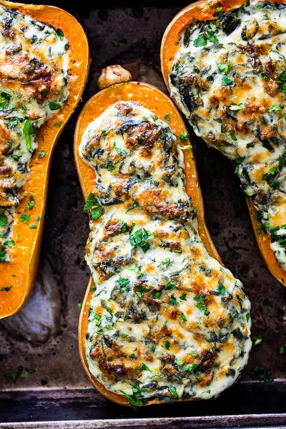 Creamed spinach stuffed butternut squash