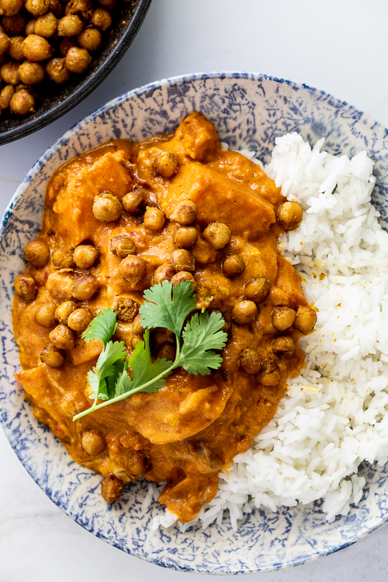 Butternut squash curry with crispy chickpeas and rice.