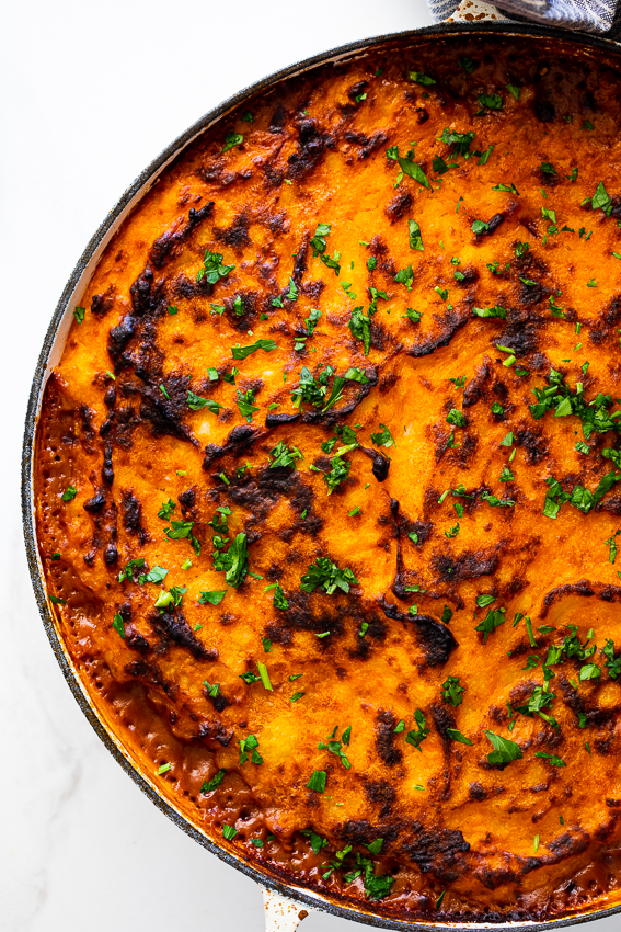 Chicken cottage pie with sweet potato mash topping.