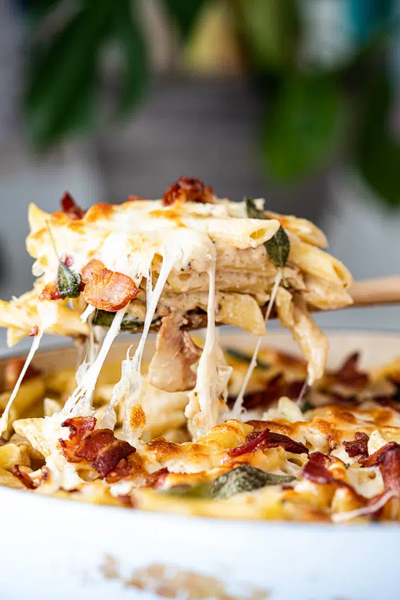 Pasta bake with creamy bacon sauce.