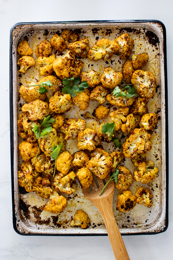 Cauliflower roasted with curry spices.