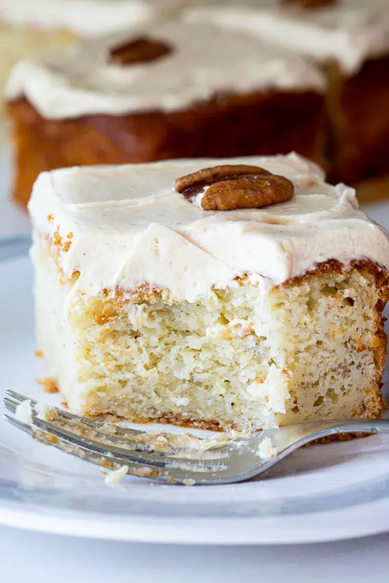Soft, fluffy banana cake with creamy peanut butter frosting.