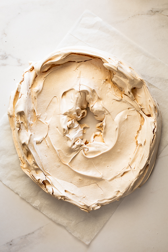 Baked pavlova wreath.