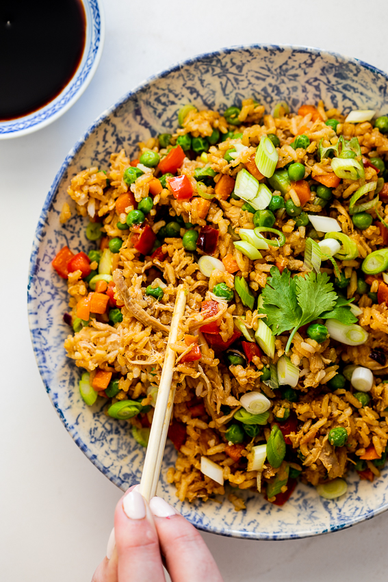 Chicken fried rice with chopped scallions.