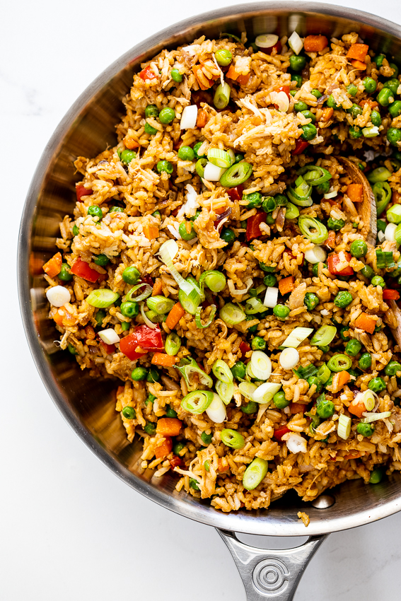 Chicken fried rice made with rotisserie chicken. 