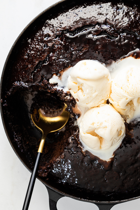 Baked hot chocolate pudding served with ice cream