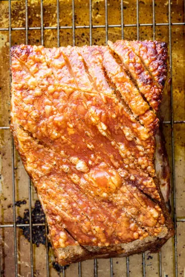 Crispy crackling on pork belly.