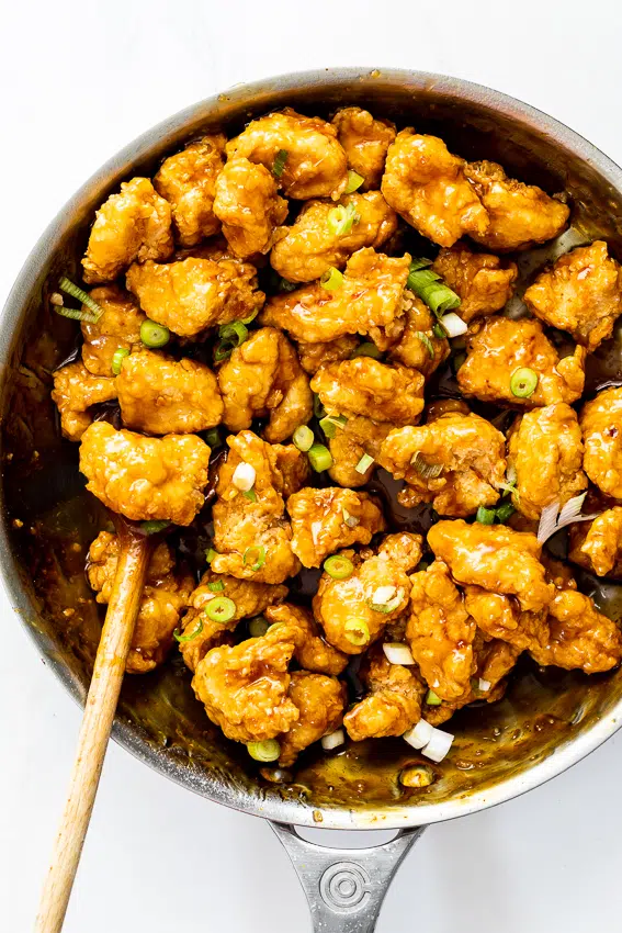 Crispy chicken in a sweet and sticky orange sauce.