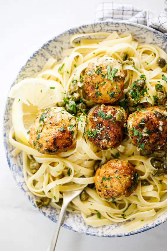 Lemon Chicken piccata meatballs with pasta.