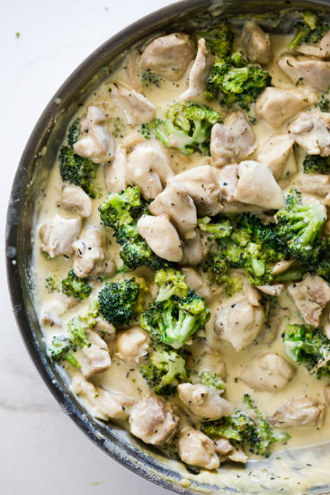 Succulent chicken and broccoli in creamy sauce.
