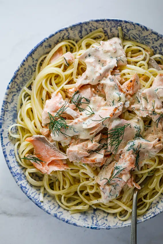 Creamy salmon pasta with fresh dill.