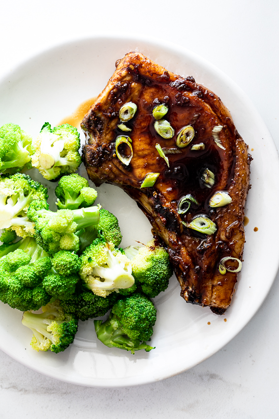 Honey soy pork chops with broccoli.
