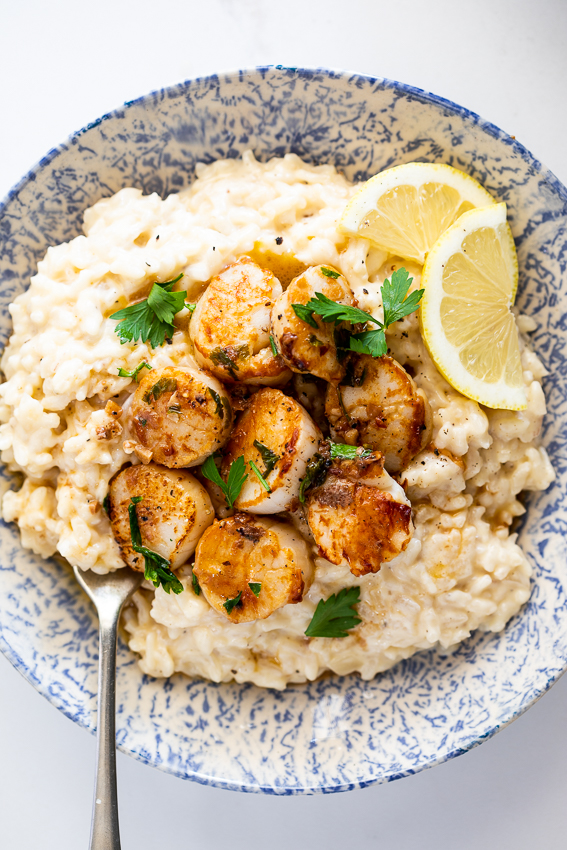 Panfried scallops with creamy lemon risotto.