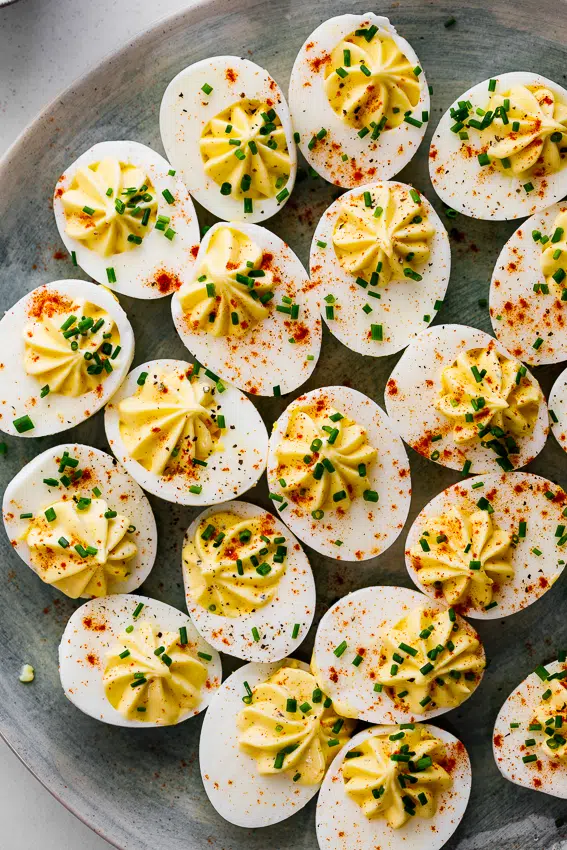 Easy classic deviled eggs on a serving plate.
