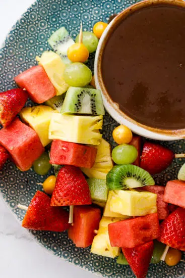 Fresh fruit skewers with chocolate dip.
