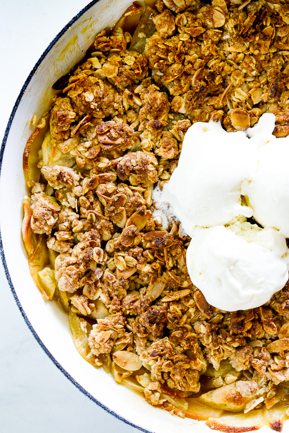 Easy almond apple crumble with ice cream.